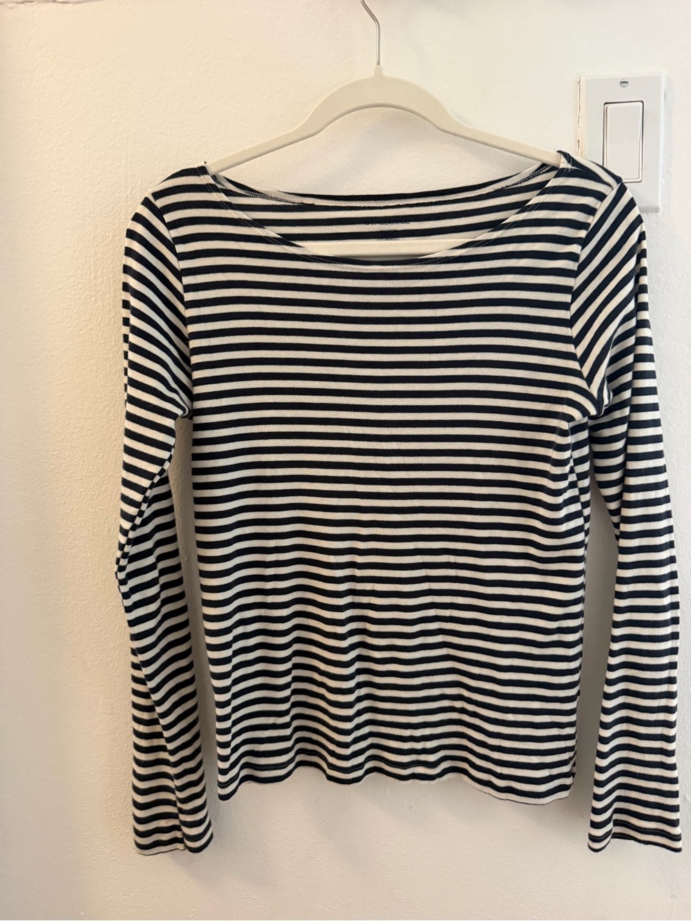 Women's Navy and White Striped Long-Sleeve Boatneck Top